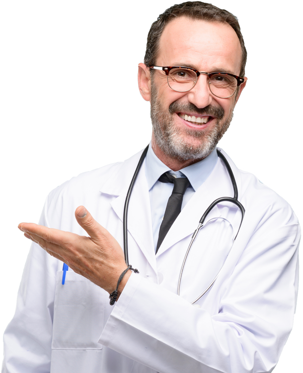 Doctor senior man, medical professional holding something in empty hand 